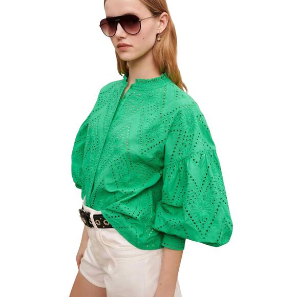 MAJE Ciggy Cotton Eyelet Shirt in Green 3|L - Picture 3 of 11